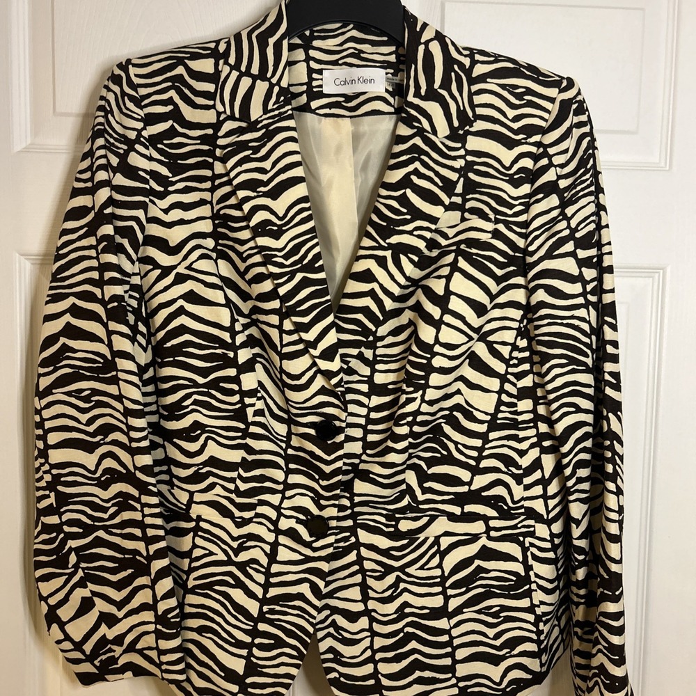 NWT‎ Calvin Klein Zebra Print Blazer Jacket Linen Blend Black Cream Sz 14W